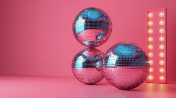 AI generated Three Shiny Disco Balls on Pink Background photo