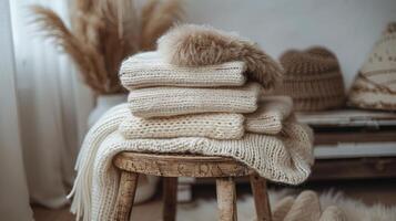 AI generated Stack of Blankets on Wooden Stool photo