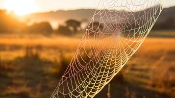 AI generated A dewcovered spiderweb in the early morning light. Generative AI photo