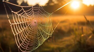AI generated A dewy spiderweb illuminated by morning sun. Generative AI photo