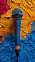 AI generated Black Microphone on Blue and Yellow Background photo