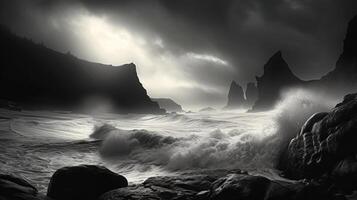 AI generated A dramatic monochrome seascape with crashing waves. Generative AI photo