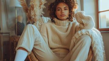 AI generated Woman Sitting in Chair Wearing Sweater and Pants photo