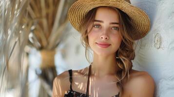 AI generated Woman in Straw Hat Leaning Against Wall photo