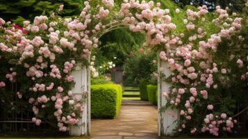 AI generated A garden gate adorned with a climbing rose arch. Generative AI photo