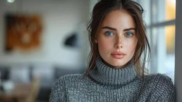 AI generated Woman With Blue Eyes in Turtle Neck Sweater photo