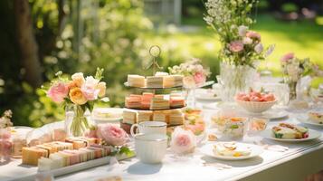 ai generado un jardín té fiesta mesa con delicado emparedados y postres generativo ai foto