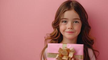 ai generado Encantado adolescente con rosado regalo foto