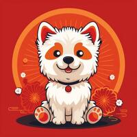 AI generated Flat logo featuring a chibi dog placed on a vibrant red lucky background. photo