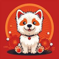 AI generated Flat logo featuring a chibi dog placed on a vibrant red lucky background. photo