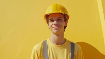 ai generado un joven hermoso hombre en un amarillo construcción casco. foto