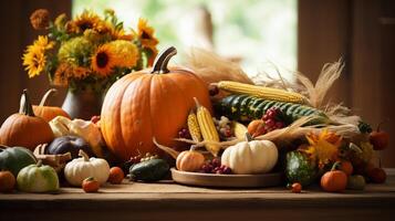 AI generated A harvest table setting with pumpkins and cornucopia. Generative AI photo