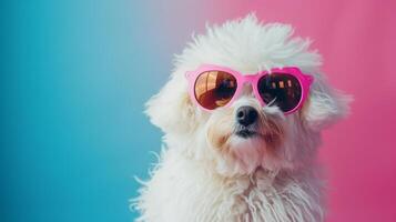 AI generated Funny white fluffy dog dressed in the style of a disco dancer photo