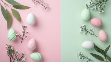 AI generated Easter beautiful minimalistic background in light pink and light green colors. photo