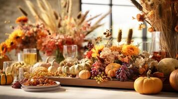 AI generated A harvest table with autumn themed centerpieces. Generative AI photo