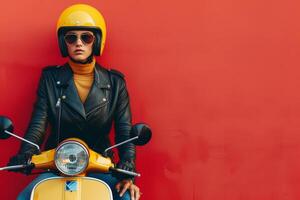 ai generado un joven chico en un amarillo scooter en un amarillo casco y un negro cuero chaqueta es en el izquierda en contra un brillante rojo minimalista antecedentes foto