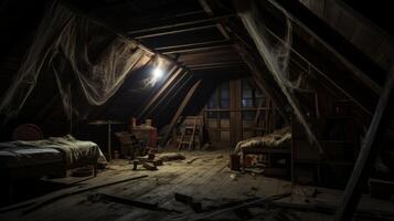 AI generated A haunted attic with cobwebs and old furniture. Generative AI photo