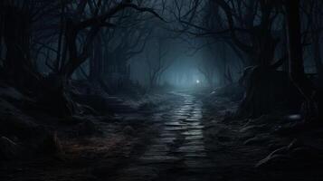 AI generated A haunted forest path with ominous, ghostly lights. Generative AI photo