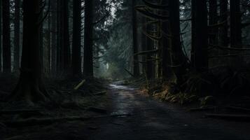 AI generated A haunted forest path with ominous shadows. Generative AI photo