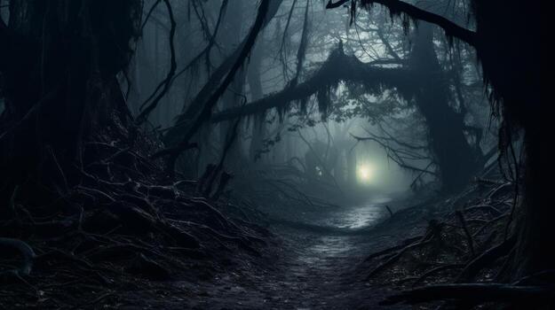 AI generated A haunted forest path with ghostly apparitions. Generative AI photo