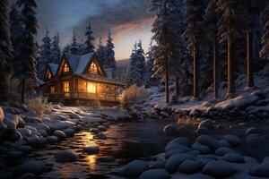 AI generated A hidden cabin nestled in winter. Generative AI photo