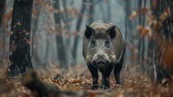 AI generated Wild boar stands in the forest and looks at the camera large copyspace area photo