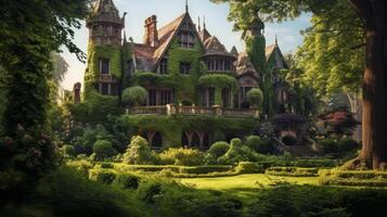 AI generated A haunted mansion with overgrown gardens. Generative AI photo