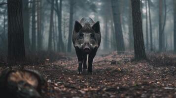 AI generated Wild boar stands in the forest and looks at the camera large copyspace area photo