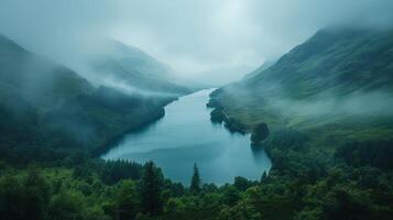 ai generado el escabroso belleza de el escocés tierras altas, con envuelto en niebla montañas y reluciente lagos extensión foto