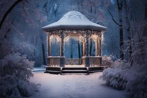 AI generated A hidden gazebo, where snowflakes whisper. Generative AI photo