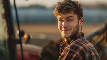 ai generado joven granjero en tartán camisa sonriente por grande tractor, campo antecedentes foto