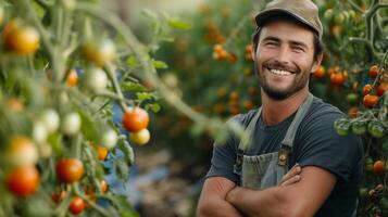 AI generated A Smiling Gardener Poses Near Tomato Bush, Gazing at Camera photo