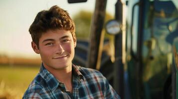 AI generated Young Farmer in Plaid Shirt Smiling by Large Tractor, Field Background photo