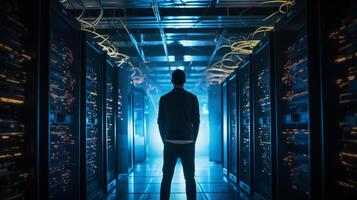 AI generated Man Standing Amidst Server Room. Serene Atmosphere photo