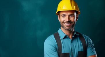 AI generated Smiling Mechanic in Hard Hat Against Blue Background photo
