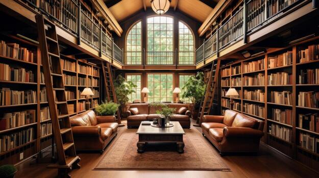 AI generated A library interior with floortoceiling bookshelves. Generative AI photo
