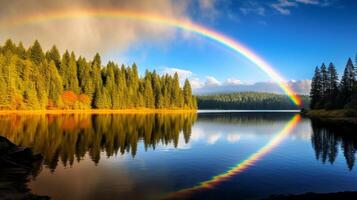 ai generado un luminoso arco iris arqueo terminado un tranquilo lago. generativo ai foto