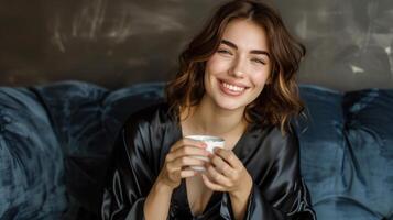 AI generated Young Beautiful Woman in Black Silk Robe Enjoys Coffee on Dark Blue Sofa, Smiling Playfully at Camera photo