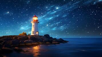 AI generated A luminous lighthouse under a starry night. Generative AI photo