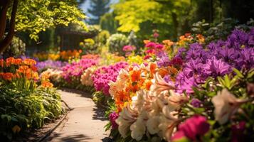 ai generado lozano jardín con vibrante flores generativo ai foto