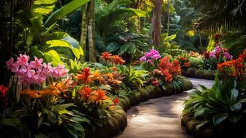 ai generado un lozano tropical jardín con exótico flores generativo ai foto