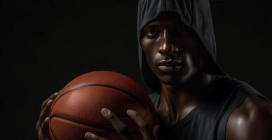 ai generado baloncesto jugador vistiendo uniforme participación un baloncesto pelota foto