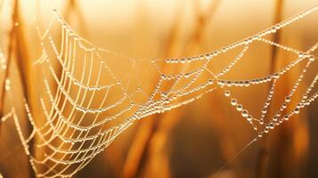 AI generated A macro shot of dew covered spider silk in the morning. Generative AI photo