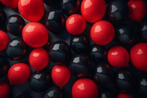 AI generated Sophisticated Festive Background. Black and Red Balloons on Minimalistic Black Background photo