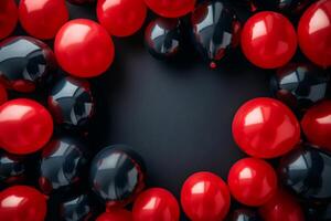 AI generated Sophisticated Festive Background. Black and Red Balloons on Minimalistic Black Background photo
