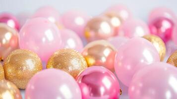 AI generated Beautiful holiday background featuring pink and gold balloons on a minimalistic light backdrop photo