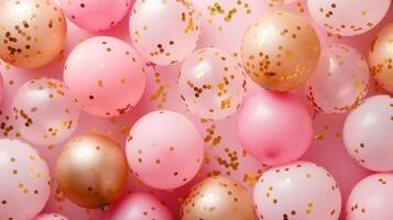 AI generated Beautiful holiday background featuring pink and gold balloons on a minimalistic light backdrop photo