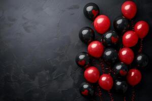 AI generated Sophisticated Festive Background. Black and Red Balloons on Minimalistic Black Background photo