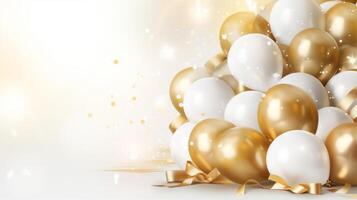 AI generated Off-centered Birthday Background with Gold and White Balloons, Featuring Large Copy Space Area photo