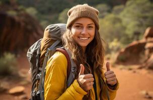 AI generated Female Hiker Giving Thumbs Up with Backpack On photo